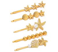 Seashell and Starfish Hair Pins, 5 Piece Gold Pearl Bobby Pins, 2.3-inch Hair Clips Ocean Themd Metal Hair Accessories (A-Gold)