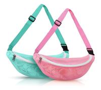 Seashell Bag for Kids, 2Pcs Mesh Beach Bags Zippered Beach Toy Bag with Adjustable Strap, Seashell Collecting Bags Waist for Boys Girls