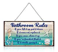 Seashell Bathroom Rules Decor Signs Wall Ocean Theme Beach Seashell Starfish Decor for Metal Sign Hanging Wall Funny Bathroom Rules Art Decorative, Blue and White(10 x 5 Inch)