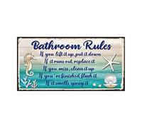 Seashell Bathroom Rules Decor Signs Wall Ocean Theme Beach Seashell Starfish Decor for Metal Sign Hanging Wall Funny Bathroom Rules Art Decorative, Blue and White(12 x 6 Inches)