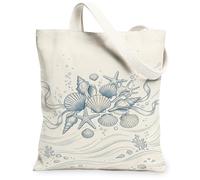 Seashell Canvas Tote Bag for Women, Beach Coastal Starfish Coral Summer Blue Washable Reusable Everyday Tote Bags for Shopping Brunch Park Library Day Trips 13x15 Inch