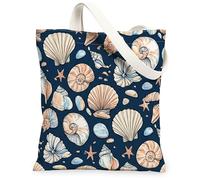 Seashell Canvas Tote Bag for Women, Coastal Natural Starfish Pebble Summer Navy Washable Reusable Market Tote Bags Ideas Fo, Navy, 13x15 Inch