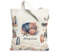 Seashell Canvas Tote Bag for Women, Coastal Summer Surfboard Starfish Summer Blue Washable Reusable Everyday Tote Bag Ideas for Travel Work Shopping Bookstore 13x15 Inch