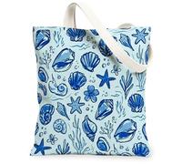 Seashell Canvas Tote Bag for Women, Summer Beach Starfish Coral Summer Blue Washable Reusable Market Tote Bag Ideas for Fam, Blue, 13x15 Inch
