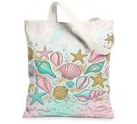 Seashell Canvas Tote Bag for Women, Summer Beach Starfish Water Summer Pastel Peach Washable Reusable Everyday Tote Bags Ideas for Family Friends Colleagues Reading Loves 13x15 Inch
