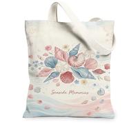 Seashell Canvas Tote Bag for Women, Summer Coastal Flower Starfish Summer Peach Washable Reusable Market Tote Bags Ideas Fo, Peach, 13x15 Inch