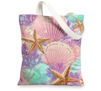 Seashell Canvas Tote Bags, Colorful Ocean Inspired Reusable Grocery Bags, Lightweight Washable Shoulder Strap Canvas Bags f, Colorful, 13x15 Inch