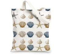 Seashell Canvas Tote Bags, Nautical Beach Pattern Reusable Shopping Bags, Vintage Coastal Lightweight Washable Shoulder St, White, 13x15 Inch