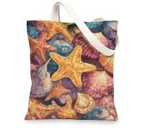 Seashell Canvas Tote Bags, Starfish Pattern Reusable Shopping Bags, Coastal Chic Lightweight Washable Canvas Bags for Beach, Colorful, 13x15 Inch