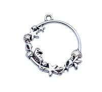 Seashell Conch Starfish Seahorse Circle Charms For Beading Projects, 29x30mm, Antique Silver Color, 10 Pieces