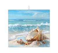 Seashell Dish Drying Mat Absorbent Draining Board Pad for Kitchen Counter Ocean Beach Coffee Mat Dishes Drainer Protector with Hanging Loop 16 x 18 Inch
