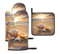Seashell Landscape On The Beach Kitchen baking three piece set/oven gloves, fit for cooking, baking, steaming, and grilling