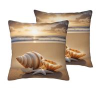 Seashell Landscape On The Beach Print Decorative Pillow Covers 2 Pack, Imitation Linen Fabric Pillow Case, with Invisible Zipper Closure