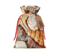 Seashell Landscape On The Beach Printed Christmas Drawstring Bags with Red Christmas Ribbon - Reusable Burlap Drawstring Gift Pouches, S