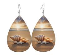 Seashell Landscape On The Beach Printed Dangle Leather Earrings, Reversible Statement Jewelry with Silver Plated Hooks