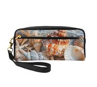Seashell Landscape On The Beach Printed Leather Makeup Bags with Wrist Strap Portable Travel Toiletry Bag Cosmetic Organizer Bag for Women