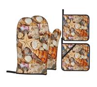 Seashell Landscape On The Beach Printed Pot Holders and Oven Gloves, 4pc Kitchen Set Heat Resistant, for Grilling