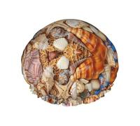 Seashell Landscape On The Beach Printed Shower Cap, Double Layer Hair Cover For Bathing, Reusable Headgear For Long Hair