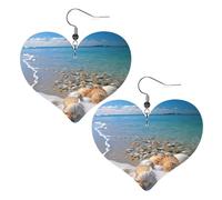 Seashell Landscape On The Beach Prints Leather Heart earrings Pendant Stylish and light Lightweight Dangle for Women Girls, One Size, Leather, No Gemstone