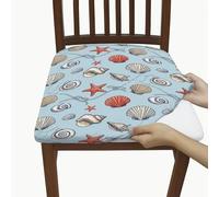 Seashell Seat Covers for Chairs, Coastal Beachy Starfish Coral Summer Blue Spandex Washable Removable Seat Slipcover Decor for Kitchen Office Conference 4pcs