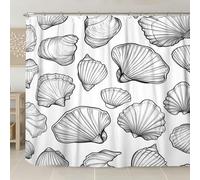 Seashell Shower Curtain, Ink Black White Ocean Shell Design Bathroom Decor, Summer Nautical Coastal Style Waterproof Fabric Shower Curtain with Hooks 108x72 Inch