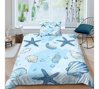Seashell Starfish Duvet Cover Set with Pillowcases 3D Print Ocean World Comforter Cover Set 2 Piece with Zipper Closure, for Kids Teenagers Adult Single（135x200cm）