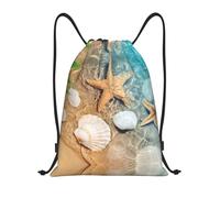 Seashell Starfish On Beach Drawstring Bags Waterproof Swimming Sports Backpack For School Beach Holiday Shopping Yoga