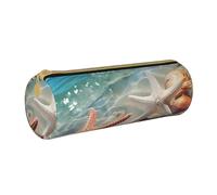Seashell Starfish on Beach Pencil Case Leather Pencil Pouch Portable Stationery Organizer Pencil Holder Makeup Bag with Zipper Closure