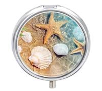 Seashell Starfish on Beach Pill Box Medicine Pill Organizer 3 Compartment Daily Pill Case Small Pill Container Round Pill Holder Travel Pill Box Metal Pill Case for Purse Pocket