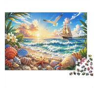 Seashells Beach Sunrise 1000pcs Mini Puzzle For Adults Relaxing | 38x26cm Cardboard Home Decor Smooth Surface Birthday Gift Mind Relaxation
