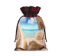 Seashells By The Seashore Print Christmas Drawstring Linen Gift Bags Reusable Fabric Bags With Tags For Christmas Gifts