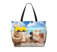 Seashells by The Seashore Print Large Waterproof Beach Tote Bag for Women with Zip and Pockets Foldable Handbag for Travel Pool Shopping Holiday Gym