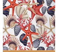 Seashells Fabric by The Yard, Ocean Starfish Upholstery Fabric for Chairs, Coral Decorative Fabric, Nautical Sea Animals Botanical Outdoor Fabric, Stone Waterproof Fabric, Blue Red, 2 Yards