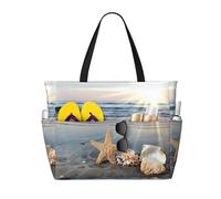 Seashells On The Beach Print Large Waterproof Beach Tote Bag for Women with Zip and Pockets Foldable Handbag for Travel Pool Shopping Holiday Gym