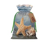 seashells on the beach Printed Christmas Drawstring Bags with Green Christmas Ribbon - Reusable Burlap Drawstring Gift Pouches, M