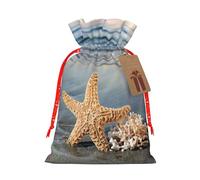 seashells on the beach Printed Christmas Drawstring Bags with Red Christmas Ribbon - Reusable Burlap Drawstring Gift Pouches, S