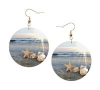 Seashells On The Beach Printed Leather Earring Set For Women, 1 Pair Lightweight Bohemian Pierced Earrings Jewelry Gift For Women Girls