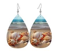 Seashells on the sandy beach Leather Earrings for Women Teardrop Dangle Earrings Lightweight Unique Custom Picture Earrings Jewelry Fashion Pendant and Valentine Birthday Party Gift
