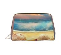 Seashells On The Sandy Beach Print Makeup Bag Portable Leather Waterproof Cosmetic Bag Clutch Makeup Brush Bag (6.7x4.3in)