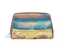 Seashells On The Sandy Beach Print Makeup Bag Portable Leather Waterproof Cosmetic Bag Clutch Makeup Brush Bag (6.7x4.3in)