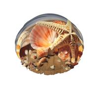 Seashells on the Sandy Beach Shower Caps for Women Reusable Waterproof Shower Cap with Elastic Strap Bath Hair Hat Double Layers Thick Bath Caps for Spa Salon Travel