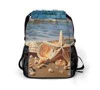 Seashells on The Sandy Beach Sports Drawstring Backpack,Packsack with Shoe Compartment And Wet Proof Pocket for Youth