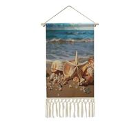 Seashells on The Sandy Beach Tapestry with Tassels Cotton and Linen Hanging Posters, Wall Art for Travel Gift, Wall Tapestry for Office Home Decor Bedroom Living Room Decor