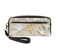 Seashells On White Sand Double-Sided Printed Leather Portable Makeup Pouch-Multi-Purpose Cosmetic Bag, Pencil Case and Organizer for Women