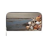 Seashells On Wooden Board Leather Wallet For Women Girl, Zip Around Credit Card Holder Long Pu Wallet Clutch Purse Waterproof Travel Handbag