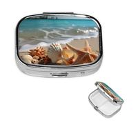 Seashells Starfish on Beach Pill Box 2 Compartment Medicine Pill Organizer Square Pill Case for Purse & Pocket Travel Pillbox Portable Metal Medicine Vitamin Fish Oil Organizer Unique Gift