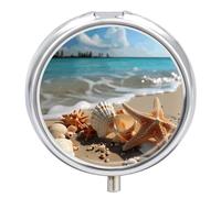 Seashells Starfish on Beach Pill Box 3 Compartment Portable Round Pill Organizer Leak-Proof Lightweight Daily Compact Travel Pill Case for Vitamins Supplements Medication