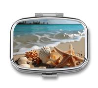 Seashells Starfish on Beach Pill Box for Pocket Square Pill Box 2 Compartment Decorative Portable Travel Pill Holder Tablet Vitamin Organizer Mini Pill Case