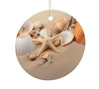 Seashells Starfish on The Sand Ceramic Circular Pendant,2.9 Inch，Hanging Ornament，Gift Exchange Idea Round Ceramic Ornament,for Mom and Daughter，for Home Indoor Outdoor Decor.
