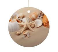 Seashells Starfish on The Sand Ornaments, 2.9 Inch Round Ceramic Christmas Ornaments, Lightweight & Durable Festive Hanging Decor for Tree, Home & Gifting